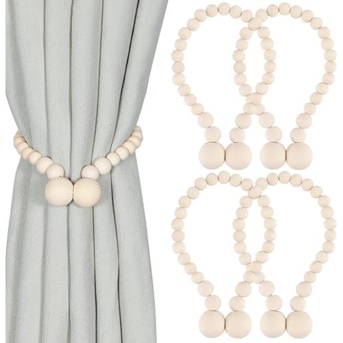 Magnetic Curtain Tiebacks, Curtain Tie Backs for Curtains 4 Pack, Wood Bead Curtain Tiebacks, Curtain Holders for Boho Bedroom Decor, Baby Nursery Decor, Farmhouse Decor
