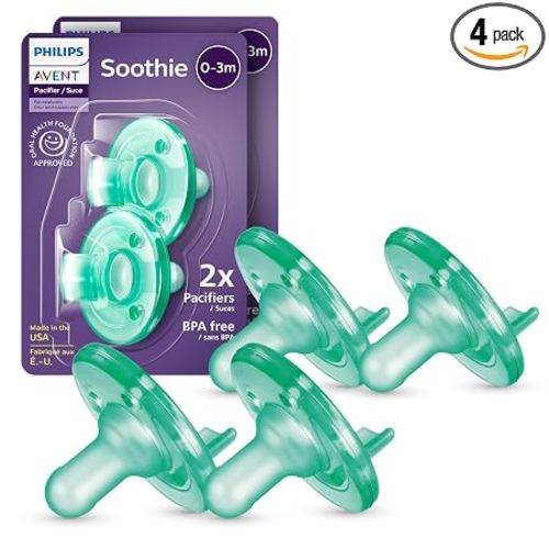 Philips Avent Soothie Baby Pacifiers - 100% Silicone Pacifiers for Babies 0-3 Months, One-piece Design, BPA-Free, Extra Durable, Green, 4 Pack, Model SCF190/41