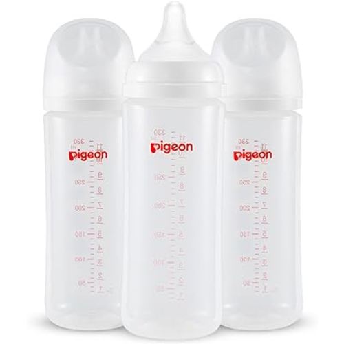 Pigeon PP Nursing Bottle Wide Neck, Anti-Colic, Streamlined Body, Natural Feel, Easy to Clean, 11.2 Oz (Pack of 3), Includes 3pcs L Nipples (6m+)