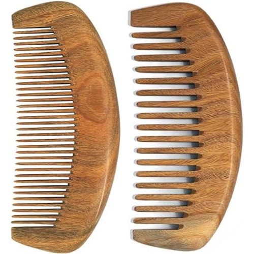 Wooden Comb for Women Hair Growth, Wide Tooth for Curly Hair, Fine Tooth for Men Beard, Labor Comb 2 Pack- Sandalwood