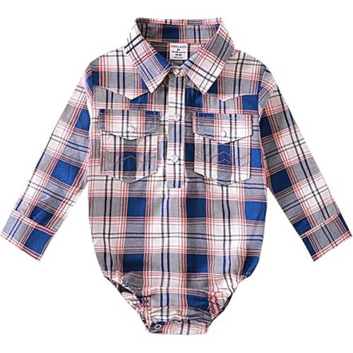 COSLAND Baby Boys' Western Cotton Plaid Bodysuit, Infant Cowboy Jumpsuit, 0-18 Months
