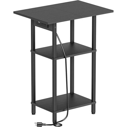 Asgolion Tall End Table with Charging Station, Skinny Nightstand with USB Ports and Outlets, 3 Tier Narrow Side Table with Storage for Bedroom, Living Room, Office, Black