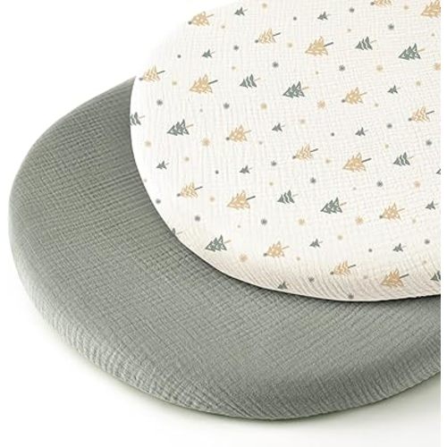 Muslin Bassinet Sheets for Babies – Soft & Breathable 100% Cotton Fitted Sheets for Oval, Rectangle, Hourglass Bassinet Mattress Pads, 2-Pack (Ivory & Pink)