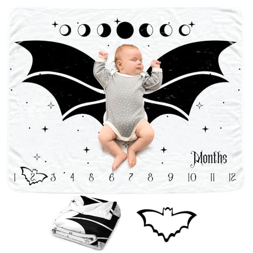 Gothic Bat Baby Monthly Blanket for Boys, Soft Flannel Photography Background Prop, Halloween Personalized Shower Gift
