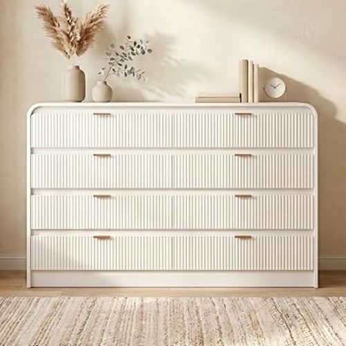 FURSUN Fluted 8 Drawers Dresser for Bedroom, 55" Wide Wooden Dresser with Metal Handle, Curved Profile Design, Modern Storage Organizer for Bedroom, Living Room, Hallway, White