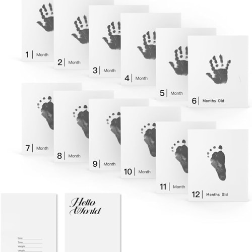 14 Sets Baby Inkless Milestone Cards,1 Month to 12 Month Hand and Footprint Kit,Newborn Safe Inkless Pad,Create Lasting Memories Perfect Souvenir Accessories(14 Ink Pad+14 Papers)