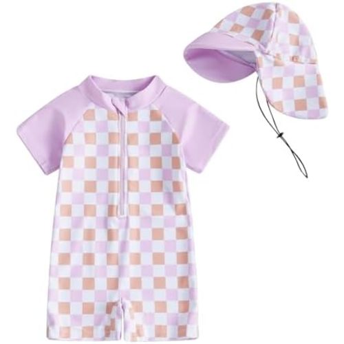 Baby Boy Girl Swimsuit Toddler Checkered Print Half Zip One Piece Bathing Suit Swimsuit Rash Guard Surfing Suit Hat