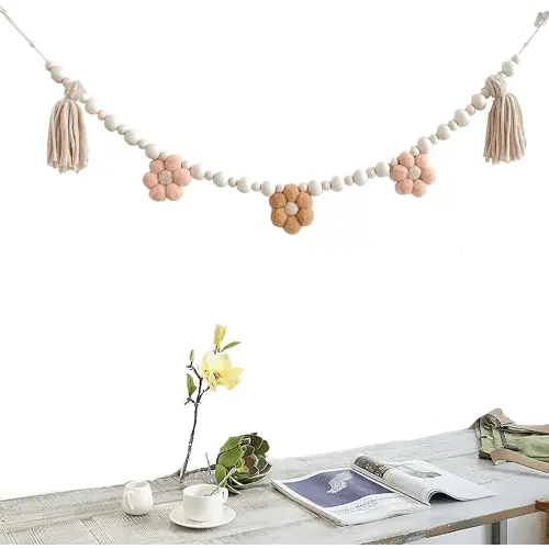 1 Pcs Boho Tassel Garland with Wooden Beads, Daisy Wooden Tassel Garland Decor for Farmhouse Wall Classroom Daisy Birthday Party Banner Baby Shower Decoration
