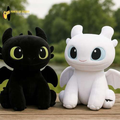 Toothless & Light Fury Dragon Inspired Plush Pillow – Soft Anime Sleeping Cushion – Black White Plush Toy - Night Fury plush - HTTYD Plush