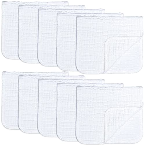 Muslin Burp Cloths 10 Pack Large 100% Cotton Hand Washcloths 6 Layers Extra Absorbent and Soft by Comfy Cubs (White, Pack of 10)