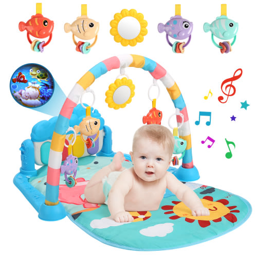 JoyStone Baby Gym Projection Play Mat, Kick and Play Piano Gym, Musical Activity Center for Newborn Infants Toddlers, Blue