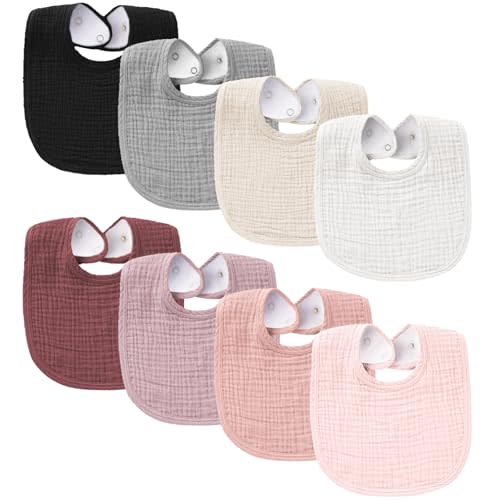 Konssy Muslin Baby Bibs 8 Pack Baby Bandana Drool Bibs Cotton for Unisex Boys Girls, 8 Solid Colors Set for Teething Drooling