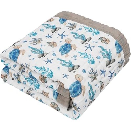 Organic Cotton Muslin Baby Blanket for Boys and Girls - Luxurious Soft Toddler Quilt for Swaddling, Receiving, Stroller Cover - Gender Neutral Blankets Makes a Great Sea Turtle