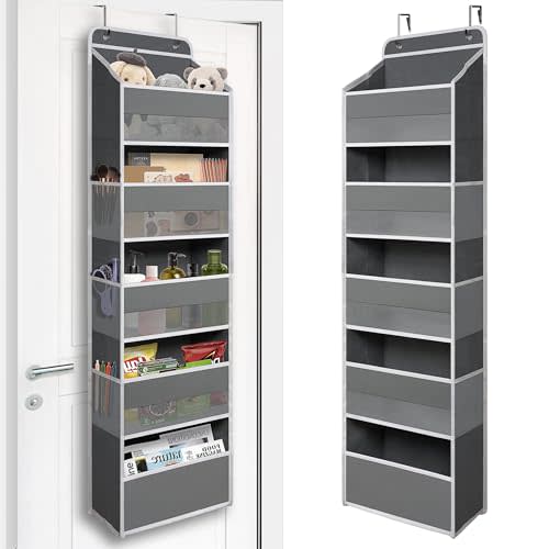 TYMENSH Over Door Organizer with 5 Large Pockets, Heavy Duty Hanging Organizer Storage, Closet Bathroom Nursery Bedroom Dorm, Toys Cosmetics Sundries and Baby Essentials, Gray