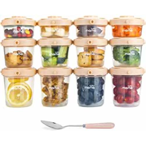 SUPERMAMA Plastic Baby Food Containers,12 Set(2/4/7oz),Leakproof Baby Food Storage Snack Jars with Attachable Lids, Lock in Freshness,BPA Free, Microwave、Dishwasher& Freezer Safe, Pink