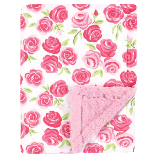Hudson Baby Girls Plush Blanket with Furry Binding and Back, Pink Roses, One Size