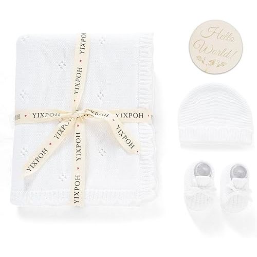 Organic Cotton Receiving Baby Blanket, Knit Beanie, and Hat Booties Set