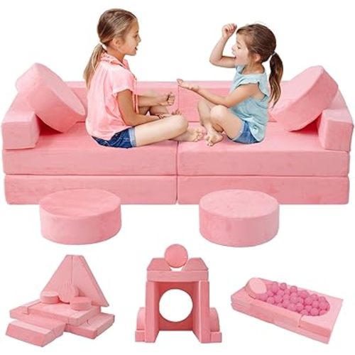 HOMFINE 16pcs Modular Kids Play Couch, Child Kids Couch Building Fort, Bedroom and Playroom Furniture for Toddlers, Convertible Foam and Floor Cushion for Boys and Girls, Pink