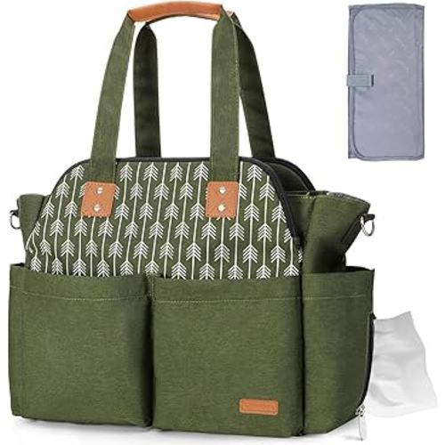 Lekebaby Diaper Bag Tote for Baby - 17 Pockets Large Travel Diaper Tote with Portable Changing Pad, Mom Crossbody Hospital Bag for Labor Delivery, Waterproof, Baby Essentials for Newborn Gifts, Green