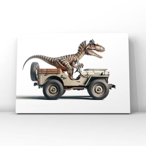 Mounted Canvas 16x20: Dino Driving Vintage Jeep