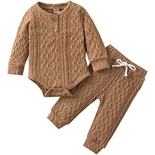 Newborn Baby Boy Girl Clothes Ribbed Knitted Cotton Long Sleeve Romper Long Pants Solid Color Fall Winter Outfits