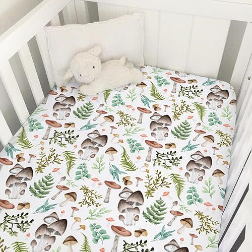 Woodland Mushroom Forest Baby Crib Sheets 52''x28'' Watercolor Mushroom Green Leaves Snug Fitted Crib Mattress Cover for Boy Girl Wild Plants Soft Baby Bed Sheets for Standard Crib Toddler Mattress