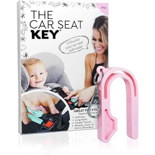 The Car Seat Key - Original Car Seat Key Chain Buckle Release Tool - Easy Unbuckle Opener Aid for Nails, Parents, Grandparents & Older Children by NAMRA Made in USA (Pink)