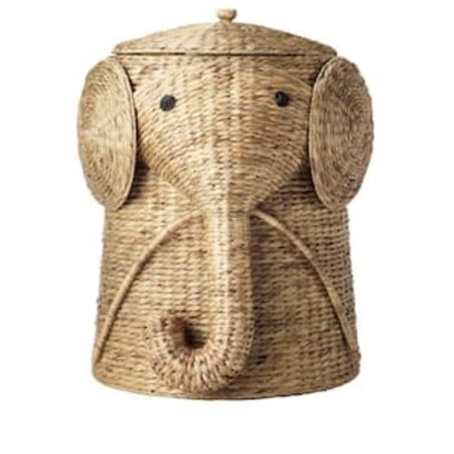 Elephant White Woven Wicker Round Laundry Room Hamper Basket with Lid (16" W)