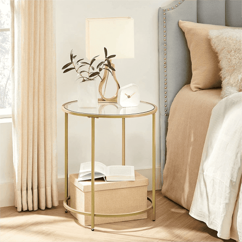 Round End Table Gold Side Table Nightstand with Metal Frame Coffee Table for Living Room Bedroom Gold