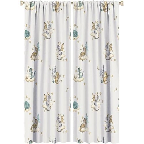 Fantasy Cute Baby Dragon Blackout Curtains for Living Room,Watercolor Mid Century Woodland Cartoon Dragon Rod Pocket Thermal Insulated Room Darkening Curtains 2 Panels 63L x 21W