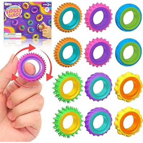 Fidget Toys Sensory Rings for Kids: 12 Pack Finger Spinner Rings, Stress Relief Sensory Toys for Kids with Autism - Fun Classroom Fidgets Toys for Student Prize Stocking Stuffers