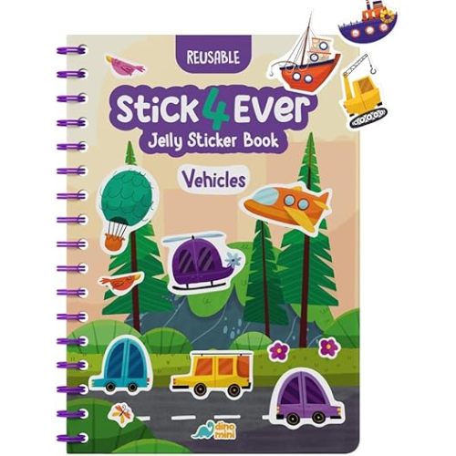 Stick4Ever Jelly Sticker Book - Waterproof, Easy to Clean Jelly Stickers for Kids - Reusable Sticker Book for Toddlers with 50 Pcs of Stickers - Stocking Stuffers for Kids (Vehicles)