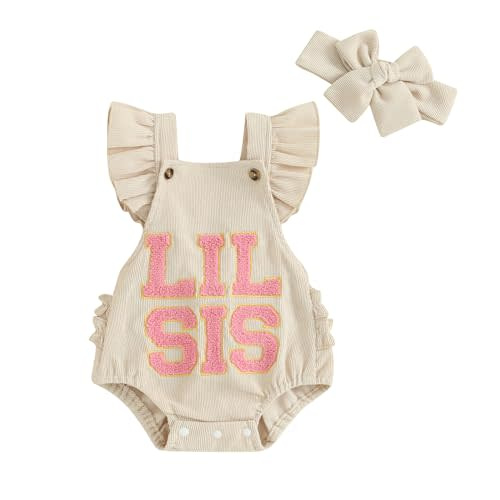Newborn Infant Baby Girl Romper Bodysuit Ruffle Sleeve Backless Lil Sis Embroidery One Piece Jumpsuit Summer Outfit