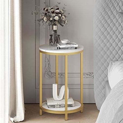 WiberWi Round Side Table, Modern Nightstand End Table with Gold Metal Frame &Faux Marble Top, Accent Bedside Table for Living Room Bedroom Small Spaces with Storage Open Shelf, White