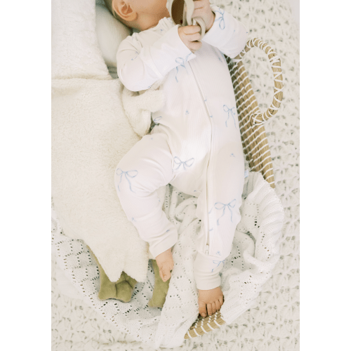 Bamboo Ribbed Convertible Romper in Blue Bows