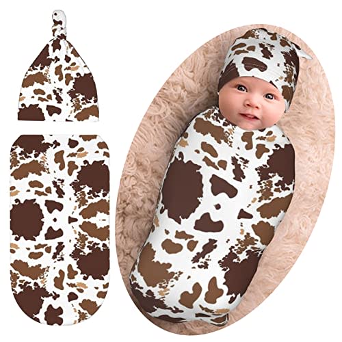 Brown Cow Print Baby Stuff New Born Baby Swaddle Blanket Soft Baby Sleep Sack Baby Blankets with Beanie Hat Gifts for Boys Girls Infant