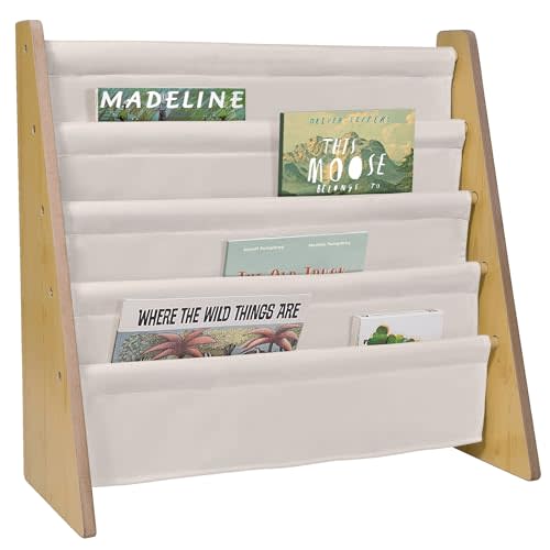 Wildkin Kids Premium Canvas Sling Bookshelf for Boys & Girls, Wooden Design Features Four Fabric Shelves, Keep Bedrooms, Playrooms, & Classrooms Organized, Measures 25 x 24 x 11 Inches -Natural w/Tan