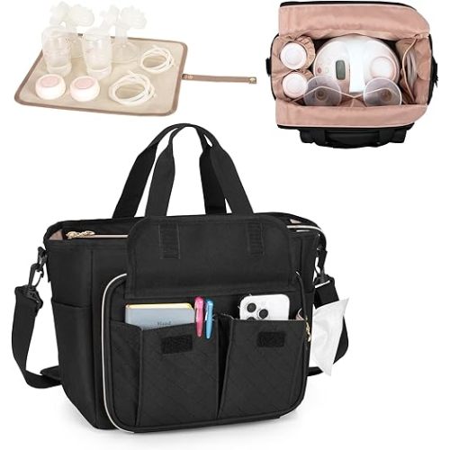LUXJA Breast Pump Bag Compatible with Spectra S1 and S2 (with a Waterproof Mat), Pumping Bag for Breast Pump and Extra Parts, Black