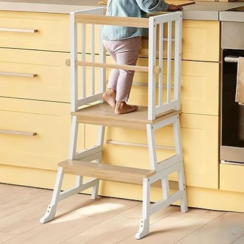 COSYLAND Kids Kitchen Step Stool, Toddler Standing Tower with CPC Certification, Removable Anti-Drop Railing Enjoys Unique Patented Design A Anti-tip Stable Structure 1.5-3 Years Natural & White