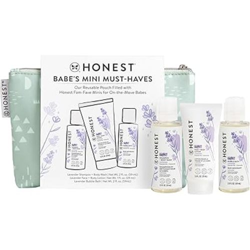 The Honest Company Babe's Mini Must Haves Gift Set | Travel Size Hypoallergenic Lavender Bathtime Essentials | Shampoo + Body Wash (2 fl oz), Face + Body Lotion (1 fl oz), Bubble Bath (2 fl oz)