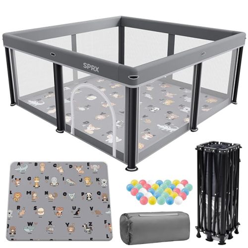 Foldable Baby Playpen with Mat,50"×50" Collapsible Playard for Babies and Toddlers,Indoor&Outdoor Kids Safety Play Pen,Portable Travel Playpen with Travel Pack and 30 Ocean Balls