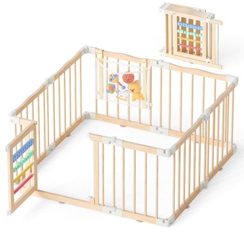 Amazer Wooden Baby Playpen 50 × 50 Inches, Foldable Playpen Fence with Digital Blocks & Toy Storage Bag, Multi-Shape Play Yard for Babies and Toddlers Indoor Outdoor