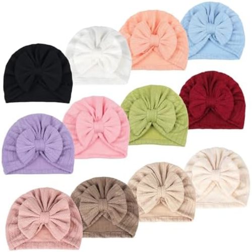QandSweet 12 Pack Baby Girls' Hats Linen Cotton Cap Infant Big Bow Hat Newborn Shower 0-24 Months