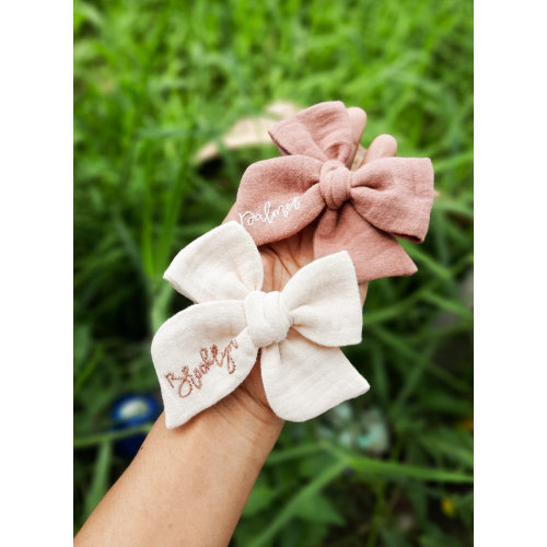 Custom name hand embroidered baby muslin bow,personalized name muslin bow,hand embroidered tied bow,name bow,baby gift girl personalized