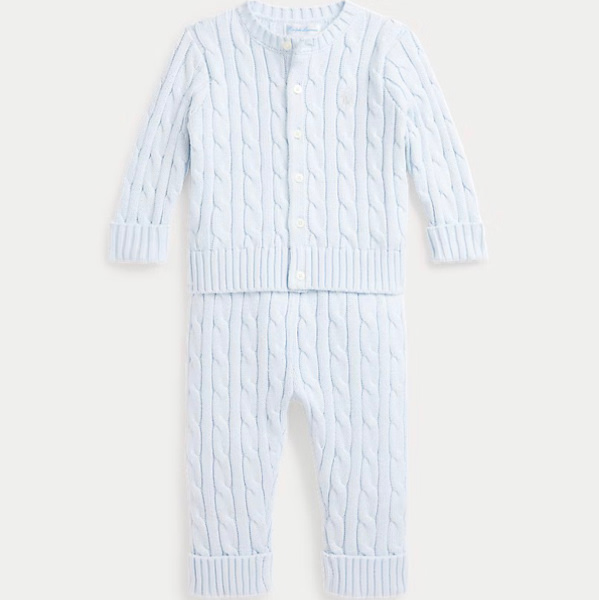 Ralph Lauren Newborn Cable-Knit Cotton Cardigan & Pant in Pearl Blue