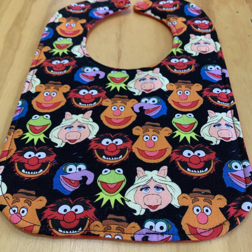 Reversible Baby Bib, Flannel, Triple Layer, Snap Closure, ready to ship, batting, Muppets, Kermit the Frog