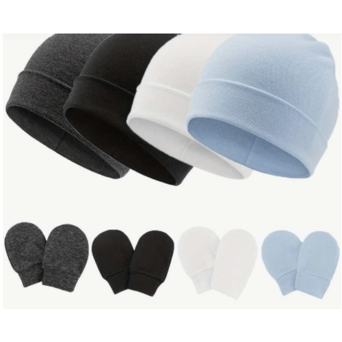 4sets Baby Hats And Mittens Infant Beanie Gloves NoScratch Set Newborn Hospital Hat For Boys Girls