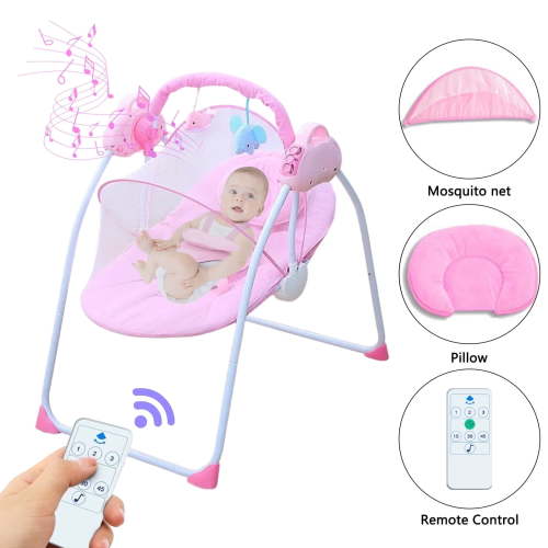 LIXI Foldable Baby Swing - 3 Timer Settings, 3-Speed Adjustment, Remote Control & Bluetooth, USB Music (Pink)