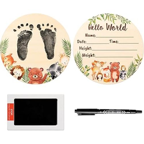 R HORSE Baby Birth Announcement Sign with Marker Pen, Cartoon Animal Baby Name Sign with Ink Pad for Hand and Footprints, Wooden Hello World Newborn Announcement Nursery Decor Keepsake Gifts