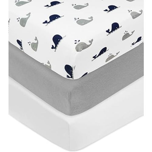 American Baby Company 3 Pack Fitted Crib Sheets 28" x 52", Soft Breathable Neutral 100% Cotton Jersey Sheet, Navy Whale/Gray/White, for Boys and Girls, Fits Crib and Toddler Bed mattresses